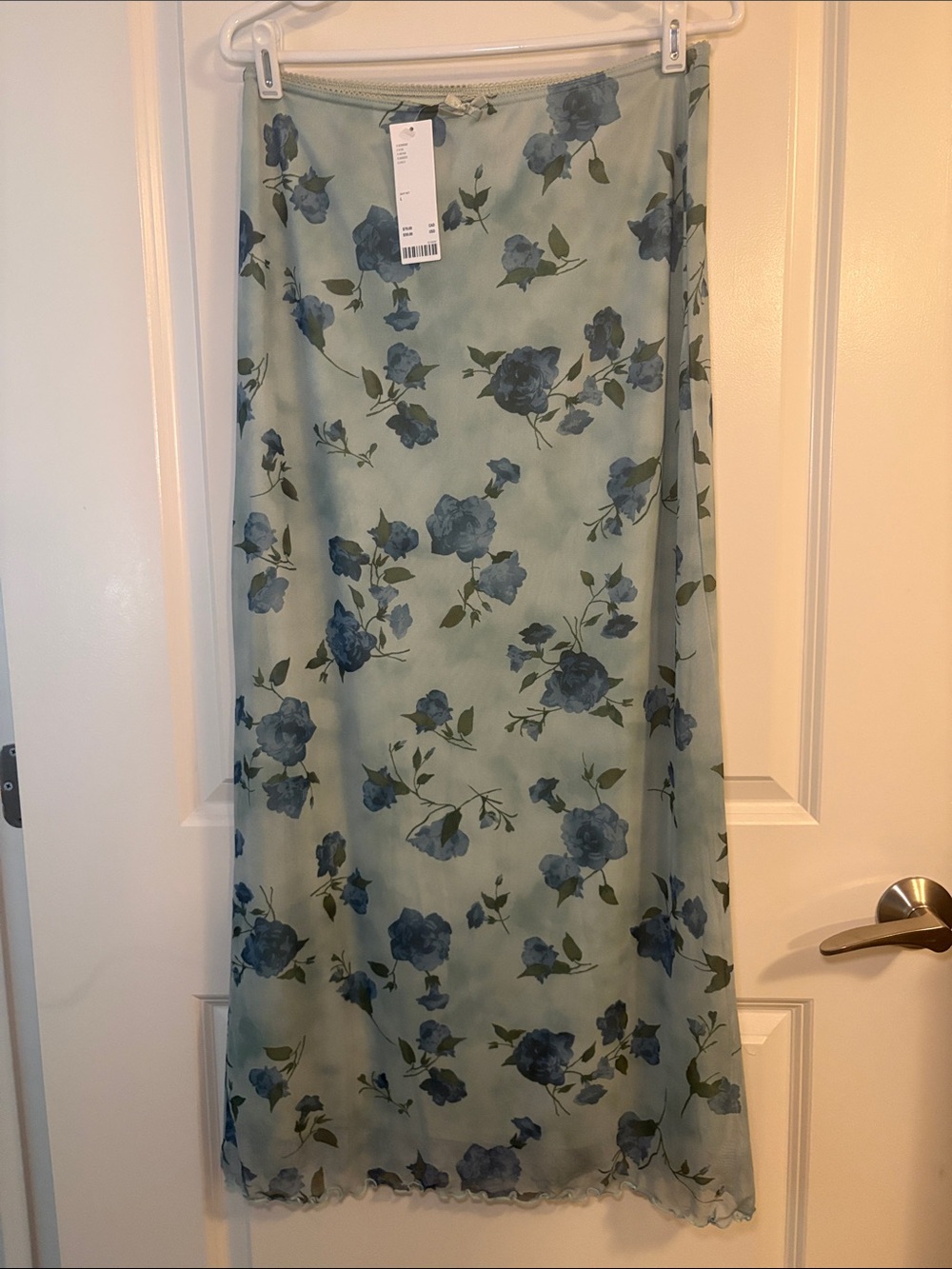 NWT Urban Outfitters Sage Floral Maxi Skirt with Blue Roses- Large